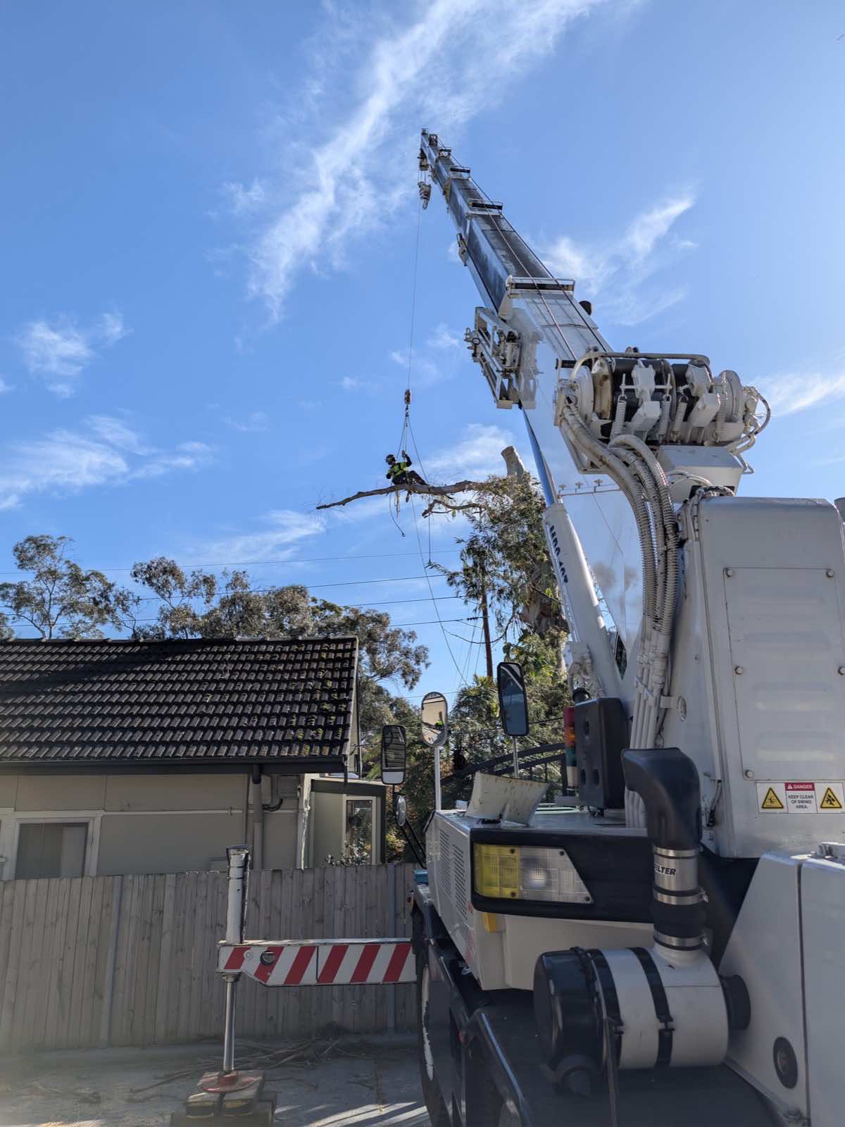 Crane lifting a cut limb clear of a house during a tree removal in Mona Vale